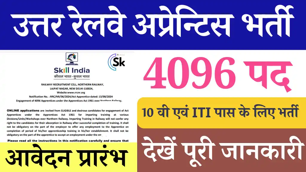 ITI पास के लिए 4096 पदो पर Northern Railway Bharti 2024: बिना परीक्षा होगा सिलेक्शन करे आवेदन