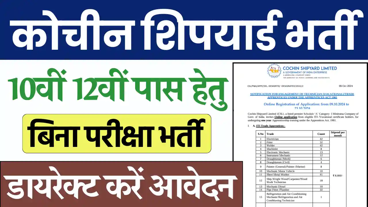 कोचीन शिपयार्ड भर्ती 2024, कोचीन शिपयार्ड भर्ती, Cochin Shipyard Vacancy 2024