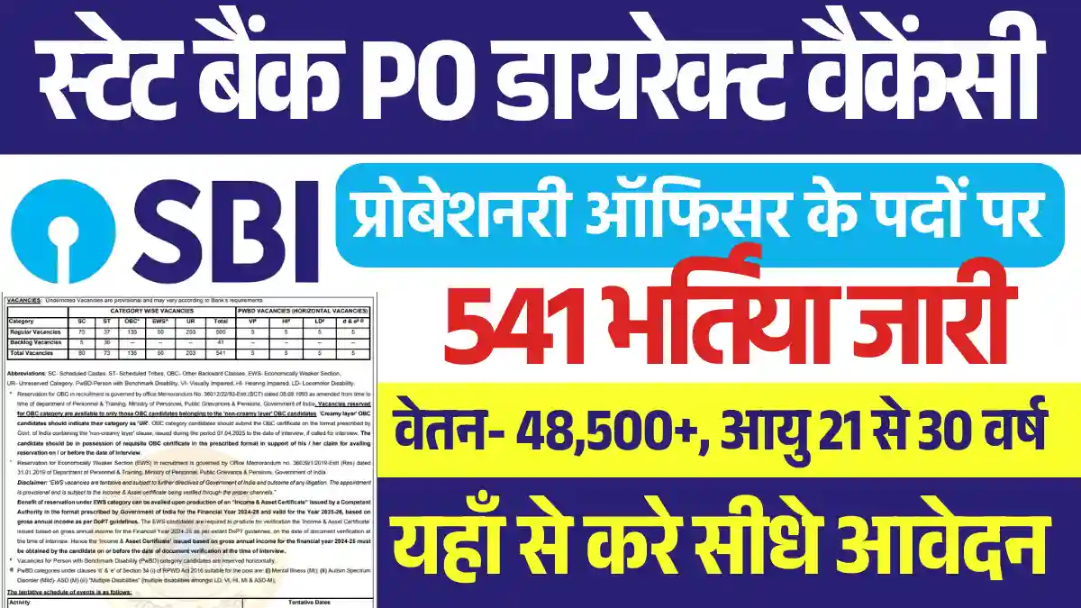 SBI PO Recruitment 2025 Apply Online: 541 पदों पर डायरेक्ट वैकेंसी, यहाँ से भरे फार्म