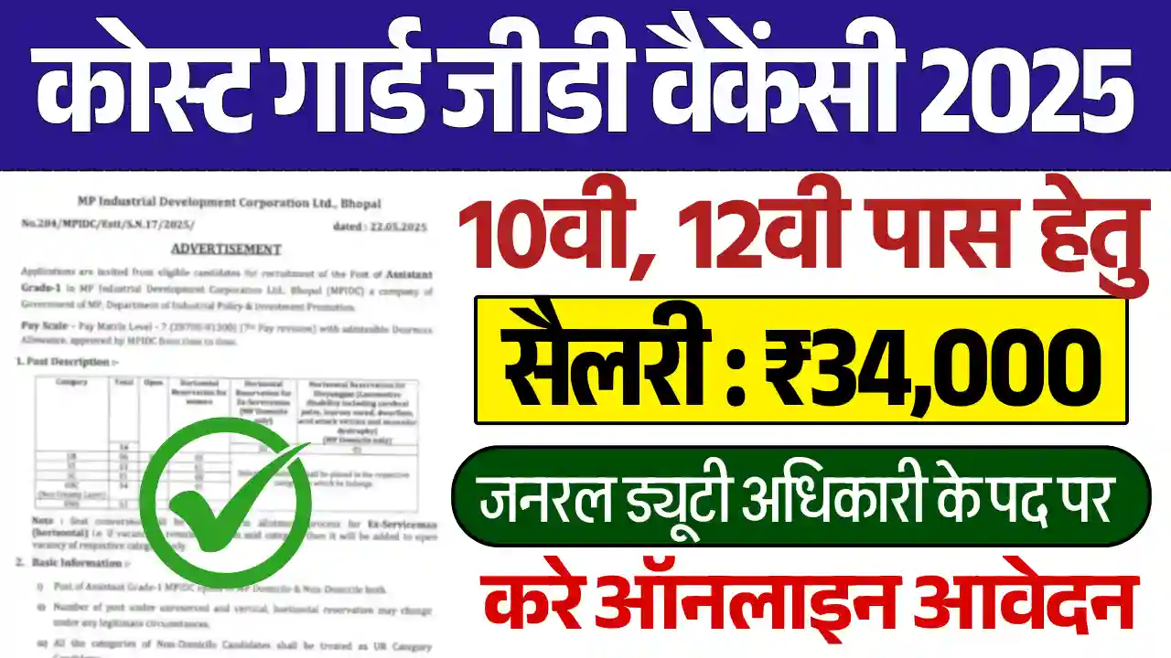 10वी 12वी पास के लिए Cost Guard GD Vacancy 2025: ऑनलाइन शुरू हुए आवेदन, भरे फार्म